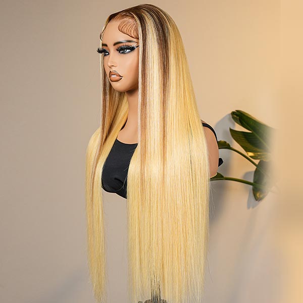 Honey Blonde Ombre Wig Super Invisible Lace Wig Straight Human Hair With Dark Roots junoda