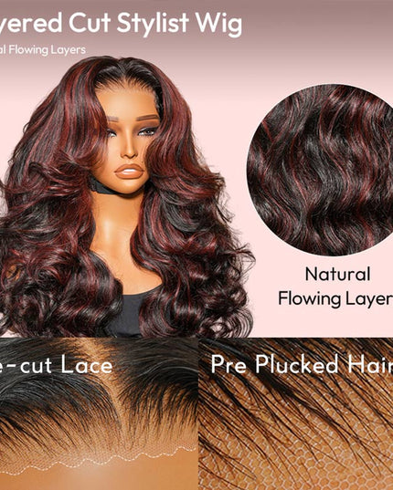 Junoda Cherry Cola Red Wig Pre-Everything Glueless Wig Highlight Layered Cut Customized Wave Human Hair Wig junoda