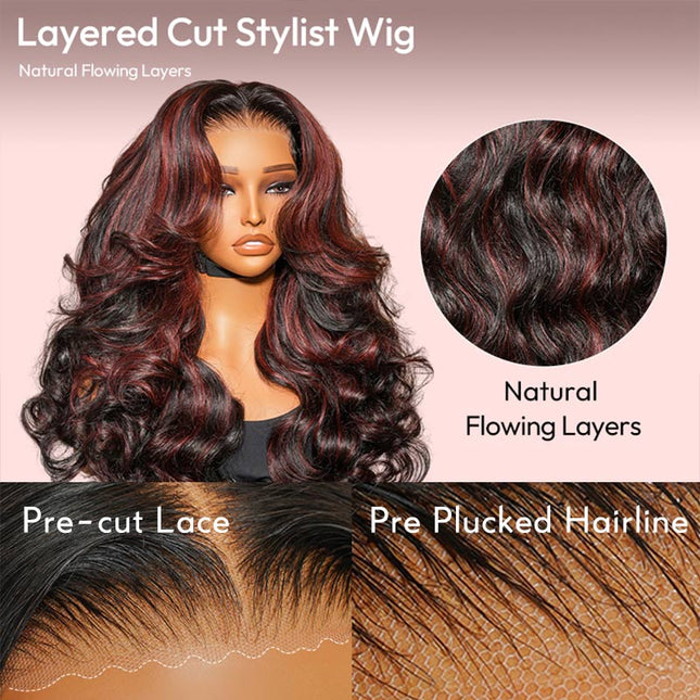 Junoda Cherry Cola Red Wig Pre-Everything Glueless Wig Highlight Layered Cut Customized Wave Human Hair Wig junoda