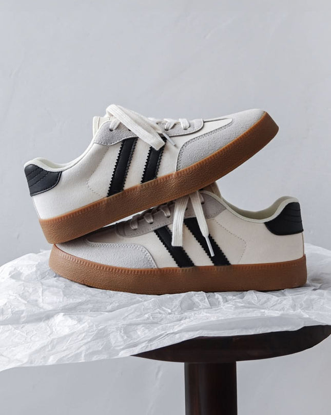 White Striped Lace Up Flat Sneakers For Everyday Comfort