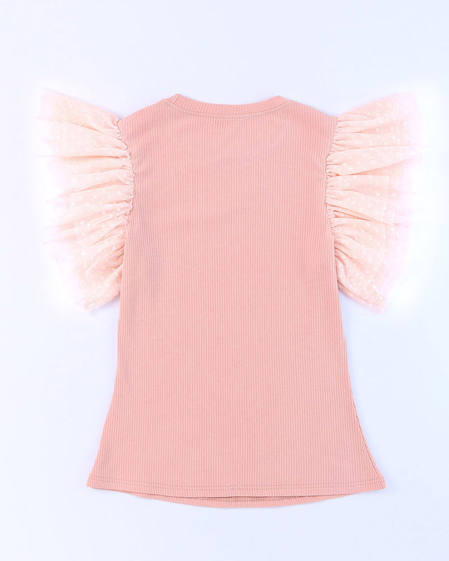 Pink Dotty Mesh Ruffle Sleeve Ribbed Knit Top