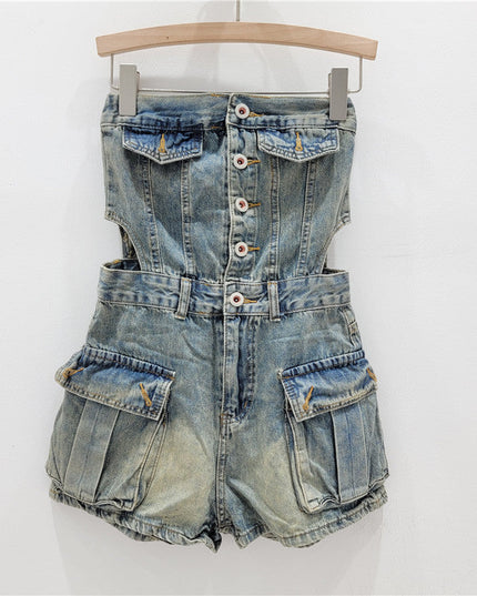 Hot Girl Breasted Hollow-out Midriff Tube Top Cowboy Siamese Shorts For Women