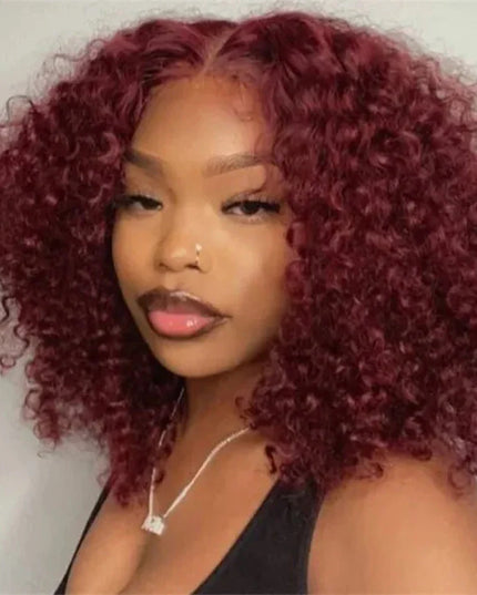 99J Colored Curly Deep Water Wave 13x4 Lace Front Wigs Preplucked Burgundy Red Short Cut Bob Frontal Wig 100% Human Hair 14 Inch
