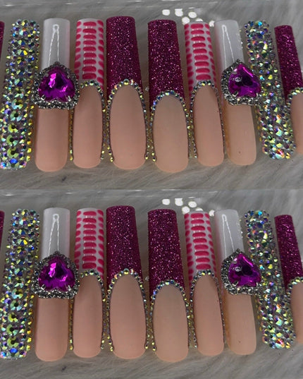 Pink long crystal press on nails