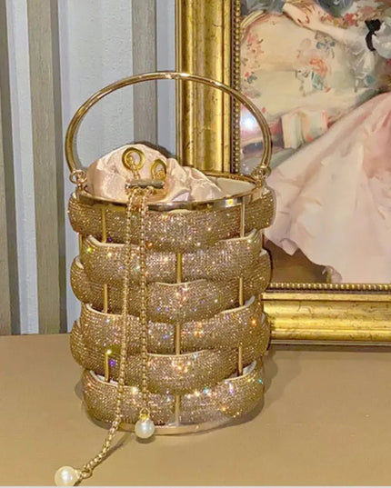 Woven Rhinestone Bucket Bag Woven Clutch Bags Women Boutique Multicolor Crystal Hollow Out Metal Purses And Handbags Wedding