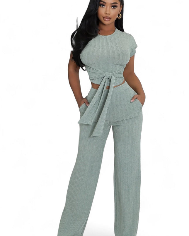 Cropped Belted Top Wide Leg Bottom 2 Piece Set {Tall Girl Friendly}
