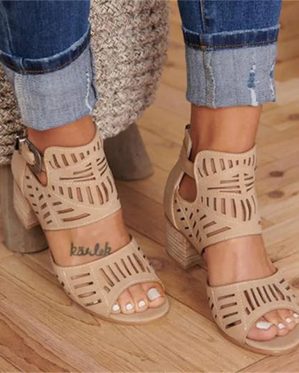 Cutout Floral Chunky Heels Women's Sandals