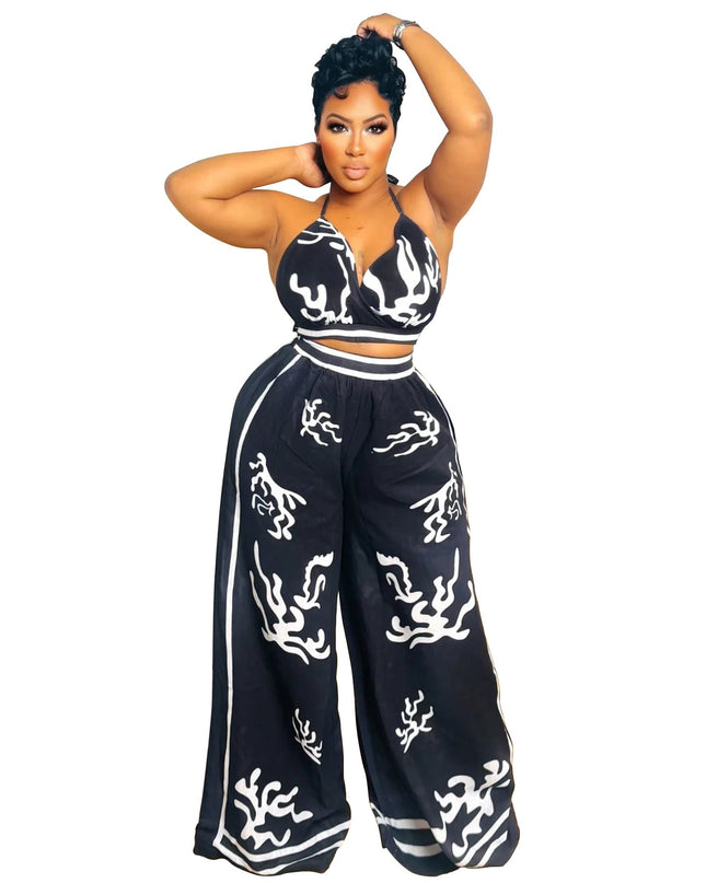 V-neck hanging neck wide leg pants set