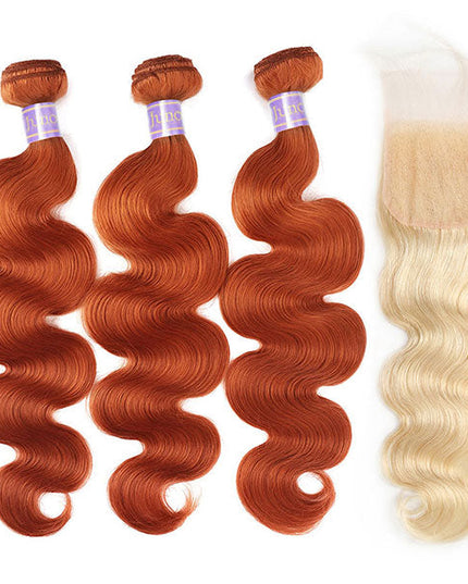 Ginger Blonde Body Wave Hair Bundles with 4x4 Closure Ombre Human Hair Weave junoda