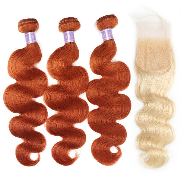 Ginger Blonde Body Wave Hair Bundles with 4x4 Closure Ombre Human Hair Weave junoda