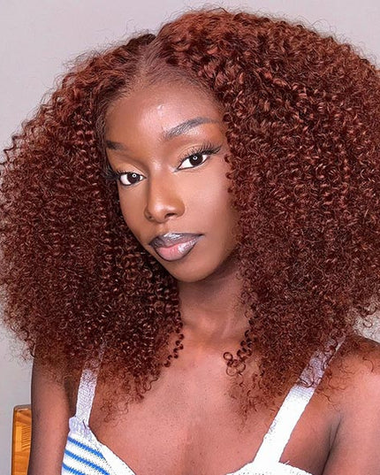 Junoda Reddish Brown 4C Afro Kinky Curly Pre Cut Lace Wig Auburn Color Glueless Human Hair Wigs junoda