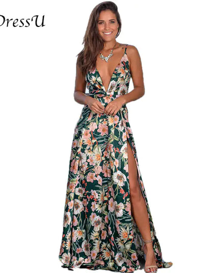 Women's Maxi Dress High Slit Sleeveless V Neck Summer Dress