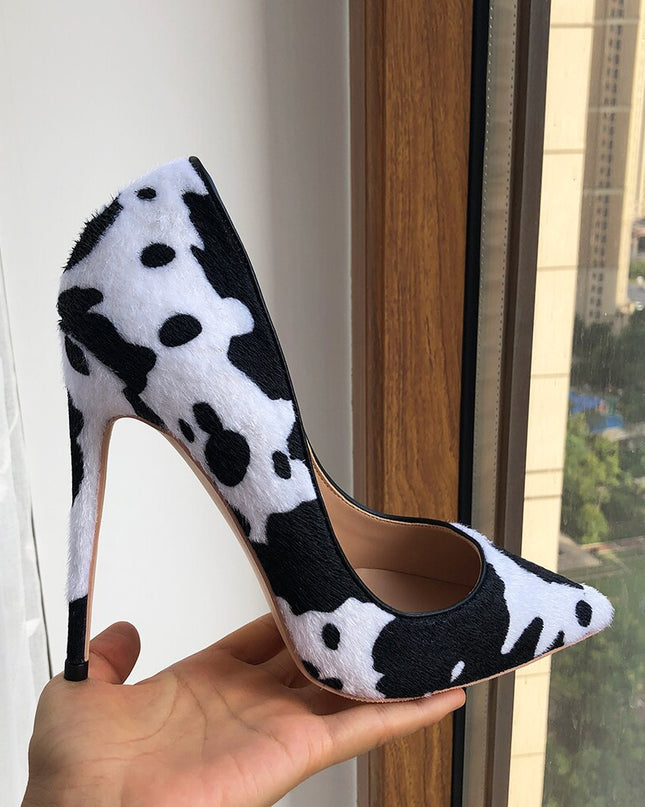 Tikicup Cow Print Women White Hairy Flock Pointy Toe High Heel Shoes Sexy Celebrity Ladies Slip On Stiletto Pumps for Party