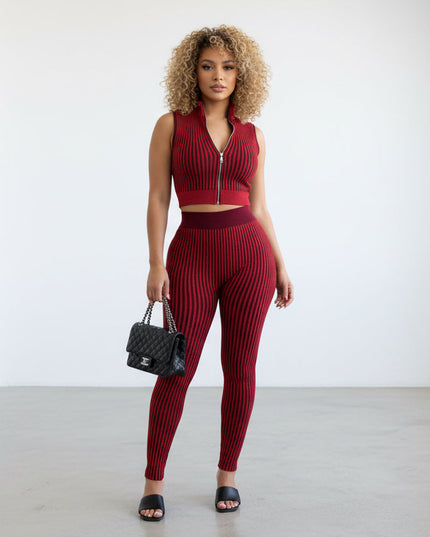 Red Ribbed Pants & Crop Top