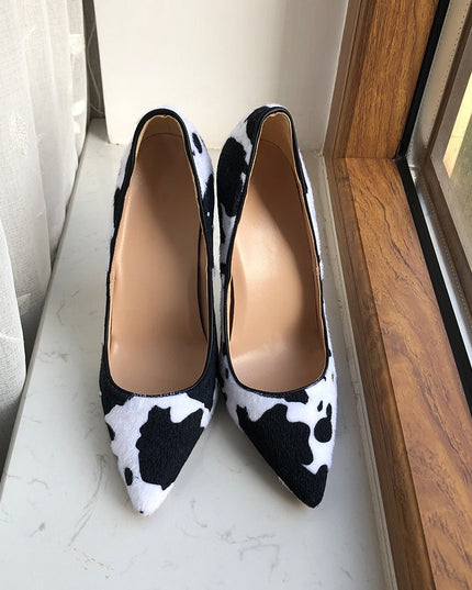Tikicup Cow Print Women White Hairy Flock Pointy Toe High Heel Shoes Sexy Celebrity Ladies Slip On Stiletto Pumps for Party