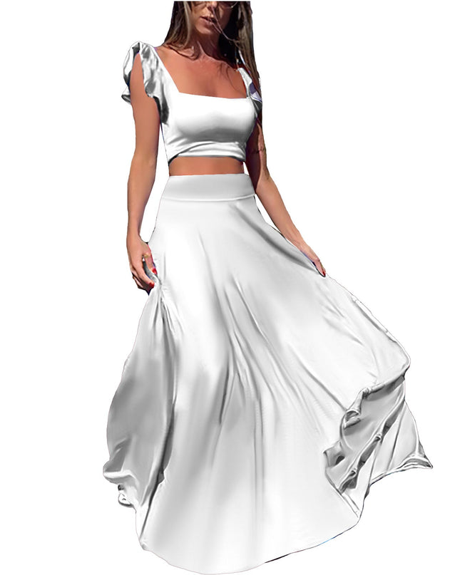 Solid color long skirt two-piece set
