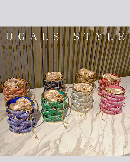 Woven Rhinestone Bucket Bag Woven Clutch Bags Women Boutique Multicolor Crystal Hollow Out Metal Purses And Handbags Wedding