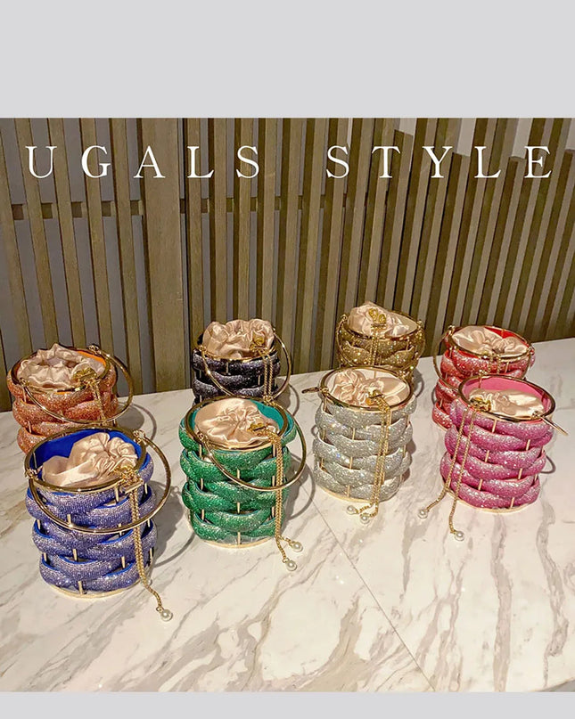 Woven Rhinestone Bucket Bag Woven Clutch Bags Women Boutique Multicolor Crystal Hollow Out Metal Purses And Handbags Wedding