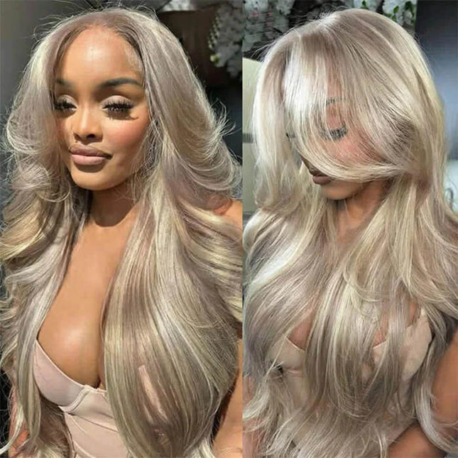 Blonde Highlight Curtain Bangs Body Wave Wigs Lace Frontal Layered Human Hair Wigs junoda