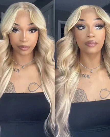 Blonde Highlight Curtain Bangs Body Wave Wigs Lace Frontal Layered Human Hair Wigs junoda