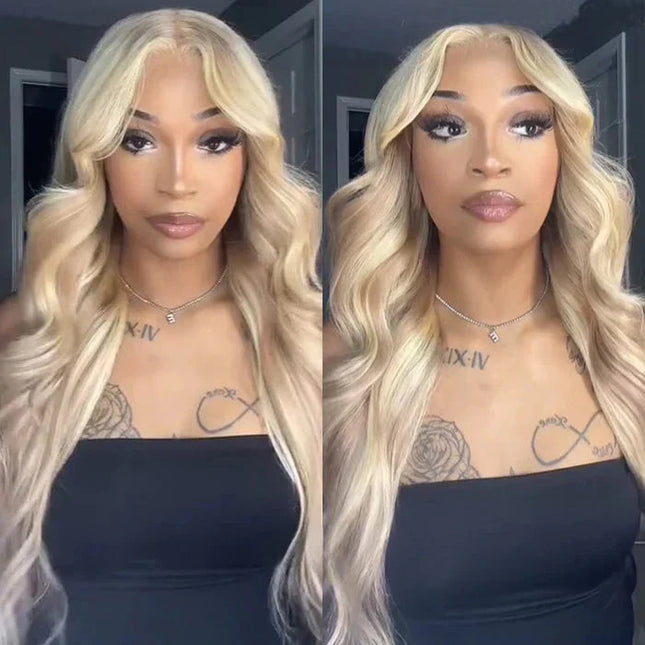 Blonde Highlight Curtain Bangs Body Wave Wigs Lace Frontal Layered Human Hair Wigs junoda