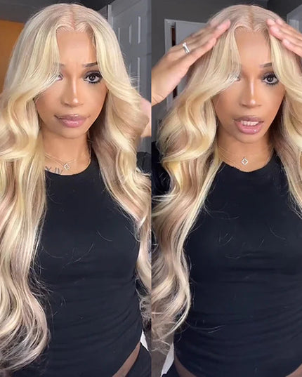 Blonde Highlight Curtain Bangs Body Wave Wigs Lace Frontal Layered Human Hair Wigs junoda