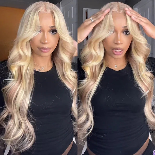 Blonde Highlight Curtain Bangs Body Wave Wigs Lace Frontal Layered Human Hair Wigs junoda