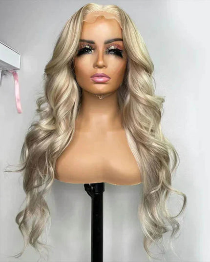 Blonde Highlight Curtain Bangs Body Wave Wigs Lace Frontal Layered Human Hair Wigs junoda