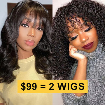 [$99 = 2 Wigs] Kinky Curly with Body Wave Human Hair Wig With Bangs Junoda Flash Sale junoda