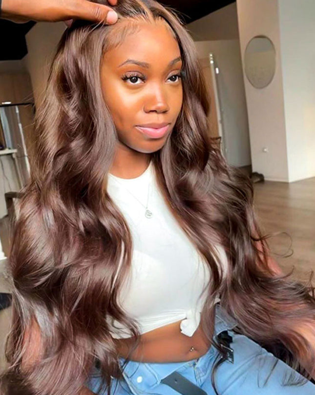 Junoda Chocolate Brown Body Wave Human Hair Wig Color 4 Chestnut Brown Frontal Wig junoda