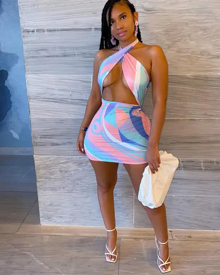 Sexy Rainbow Tie Dye Halter Bodycon Mini Dress for Women