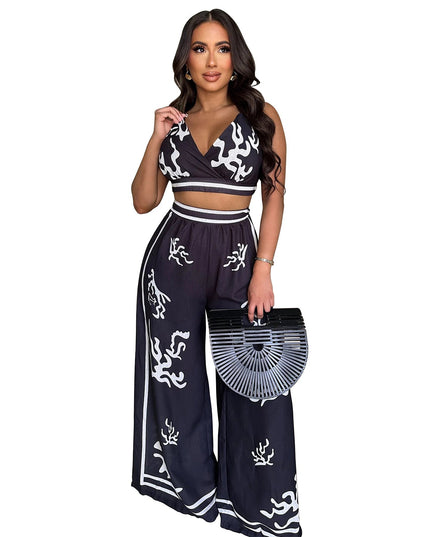V-neck hanging neck wide leg pants set