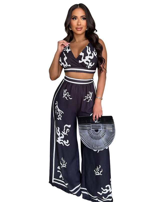 V-neck hanging neck wide leg pants set