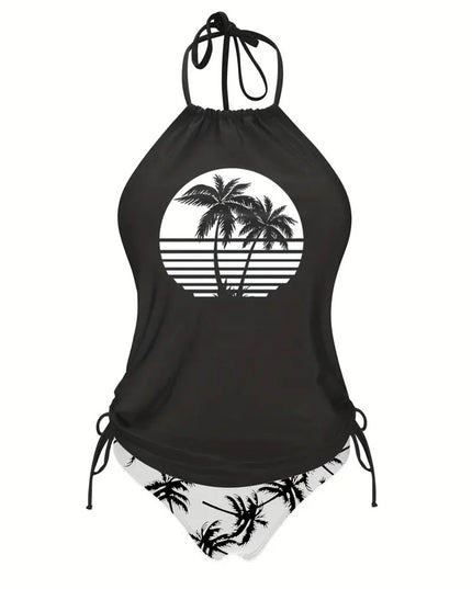 Coconut Tree Halter Tie Neck Backless Stretchy Swimsuit | ZAKAPOP