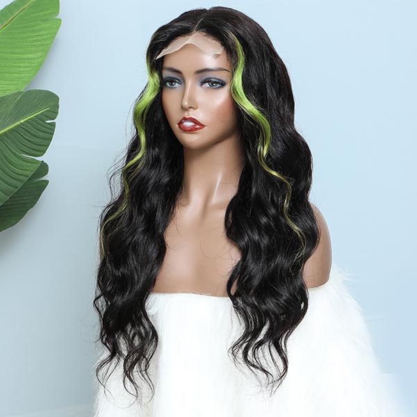 omgjackiee Recommend Color Green Skunk Stripe Hair Body Wave Human Hair Lace Front Wigs 180 Density junoda