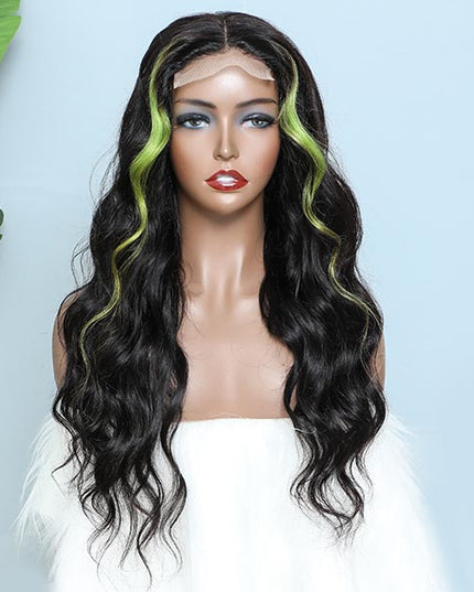 Color Green Skunk Stripe Hair Body Wave Human Hair 4x4 Lace Front Wigs Fast Shipping junoda
