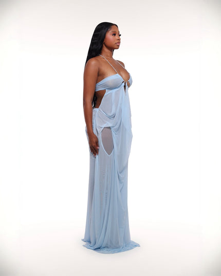 Coral Cascade Sheer Draped Light Blue Maxi Dress With Crystal Detail