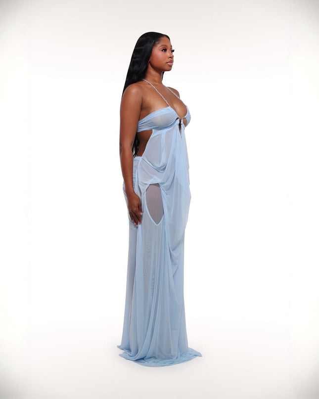 Coral Cascade Sheer Draped Light Blue Maxi Dress With Crystal Detail