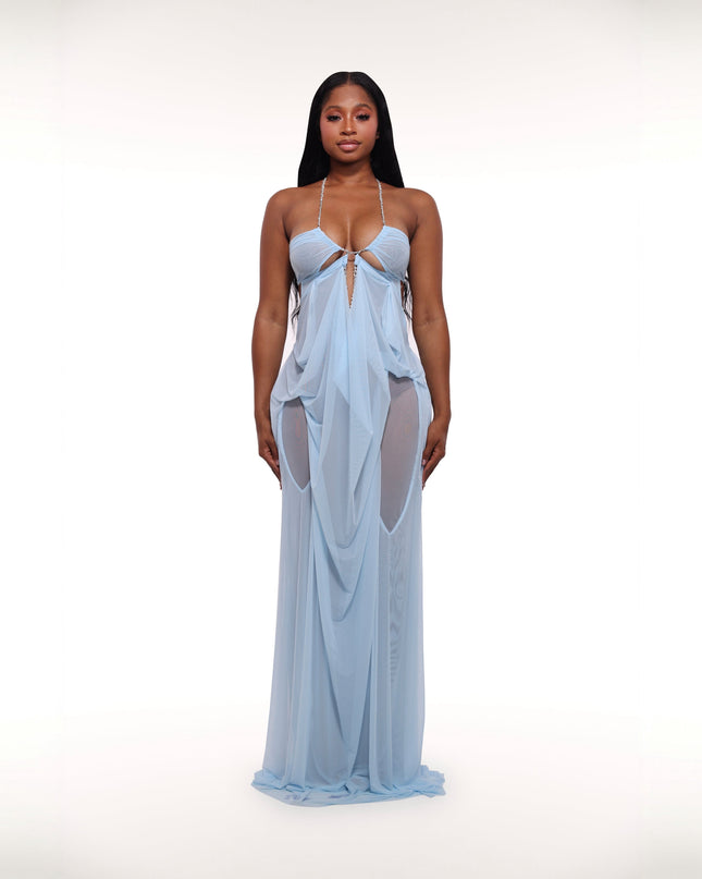 Coral Cascade Sheer Draped Light Blue Maxi Dress With Crystal Detail