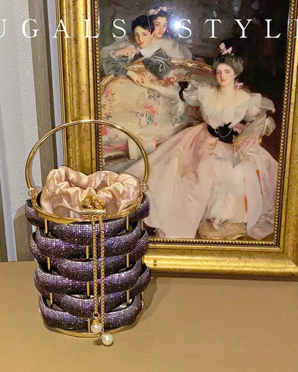 Woven Rhinestone Bucket Bag Woven Clutch Bags Women Boutique Multicolor Crystal Hollow Out Metal Purses And Handbags Wedding