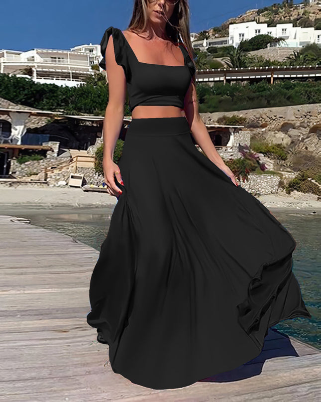 Solid color long skirt two-piece set