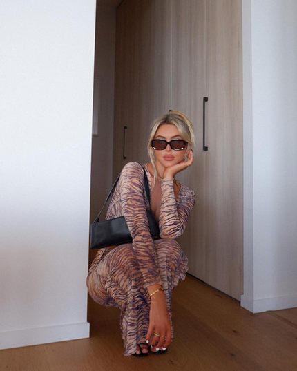Tiger Print V-Neck Women Long Sleeve Sexy Crop Tops+Maxi Bodycon Long Dress Matching Outfit Female Spring Dress Set