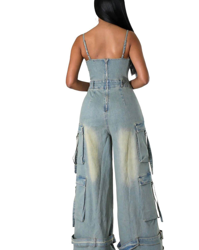 Dirty Wash Denim Jean Cargo Jumpsuit