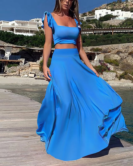 Solid color long skirt two-piece set