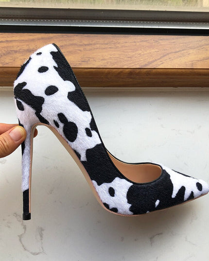 Tikicup Cow Print Women White Hairy Flock Pointy Toe High Heel Shoes Sexy Celebrity Ladies Slip On Stiletto Pumps for Party