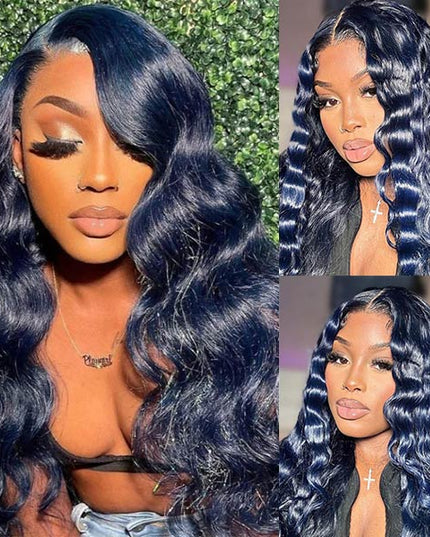 Junoda Dark Silver Blue Colored Human Hair Wigs Loose Deep Body Wave Lace Front Wig junoda
