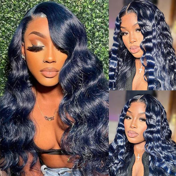 Junoda Dark Silver Blue Colored Human Hair Wigs Loose Deep Body Wave Lace Front Wig junoda