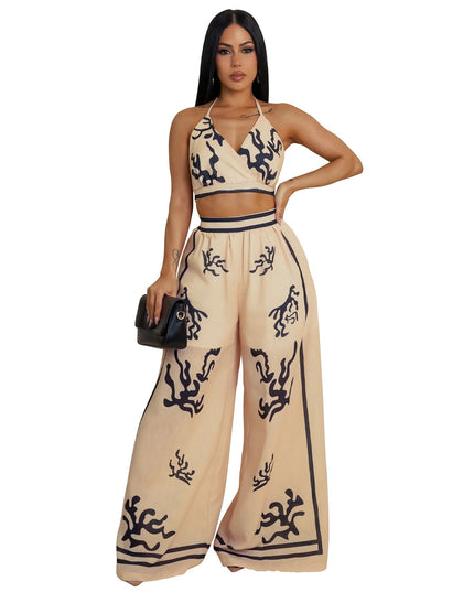 V-neck hanging neck wide leg pants set