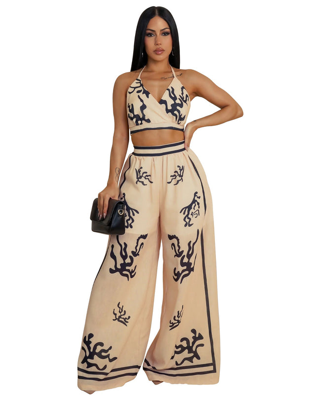 V-neck hanging neck wide leg pants set