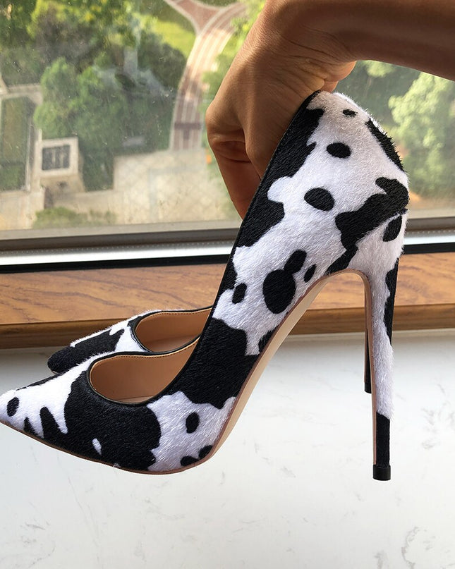 Tikicup Cow Print Women White Hairy Flock Pointy Toe High Heel Shoes Sexy Celebrity Ladies Slip On Stiletto Pumps for Party